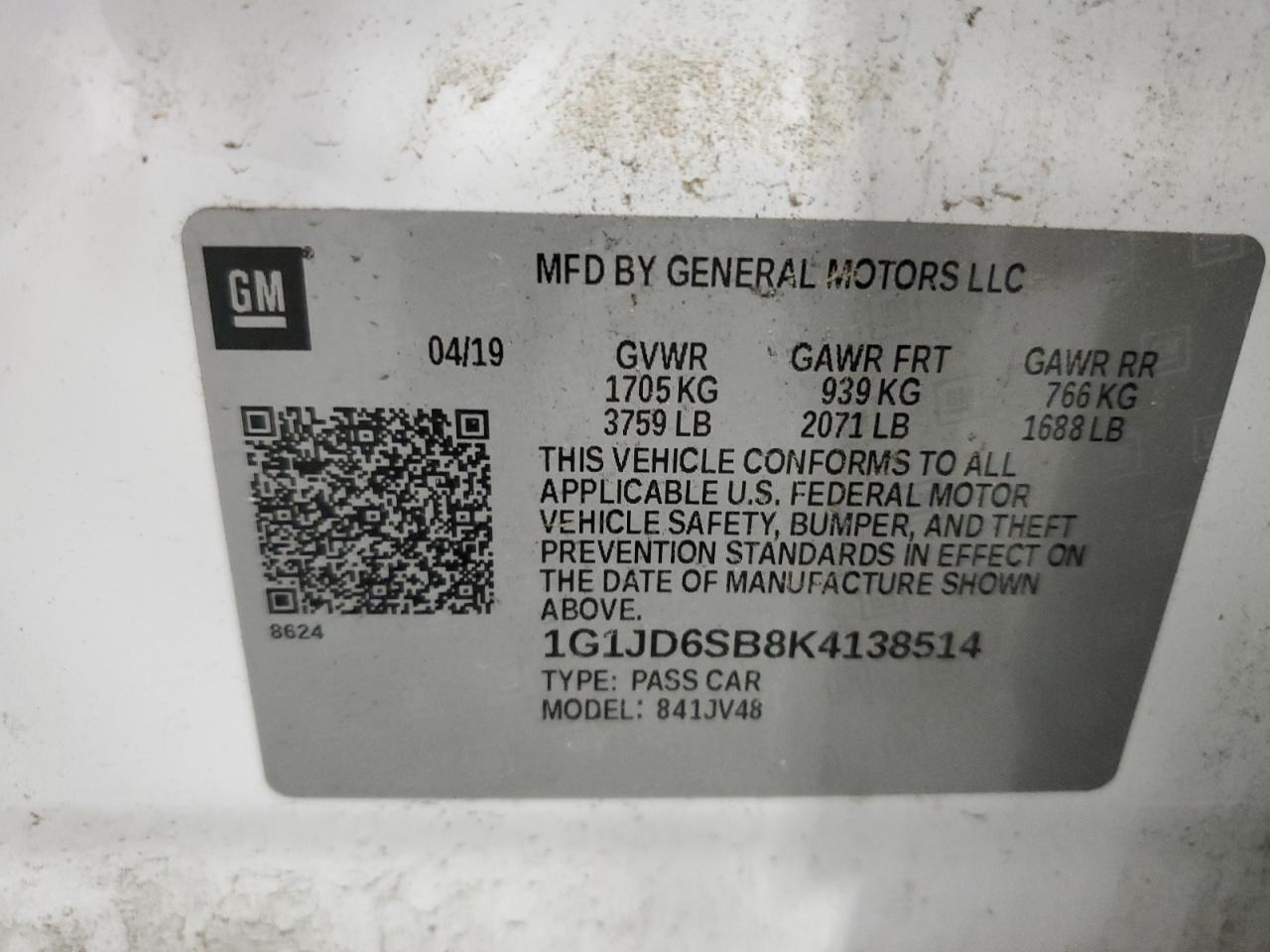 2019 Chevrolet Sonic Lt VIN: 1G1JD6SB8K4138514 Lot: 63332915
