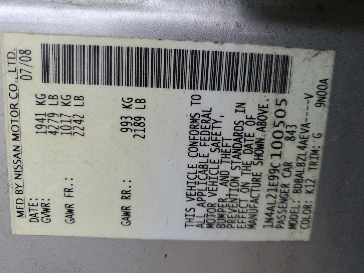 2009 Nissan Altima 2.5 VIN: 1N4AL21E99C100505 Lot: 63764795