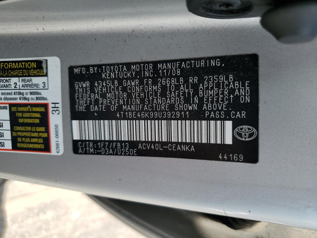 2009 Toyota Camry Base VIN: 4T1BE46K99U392911 Lot: 64926215