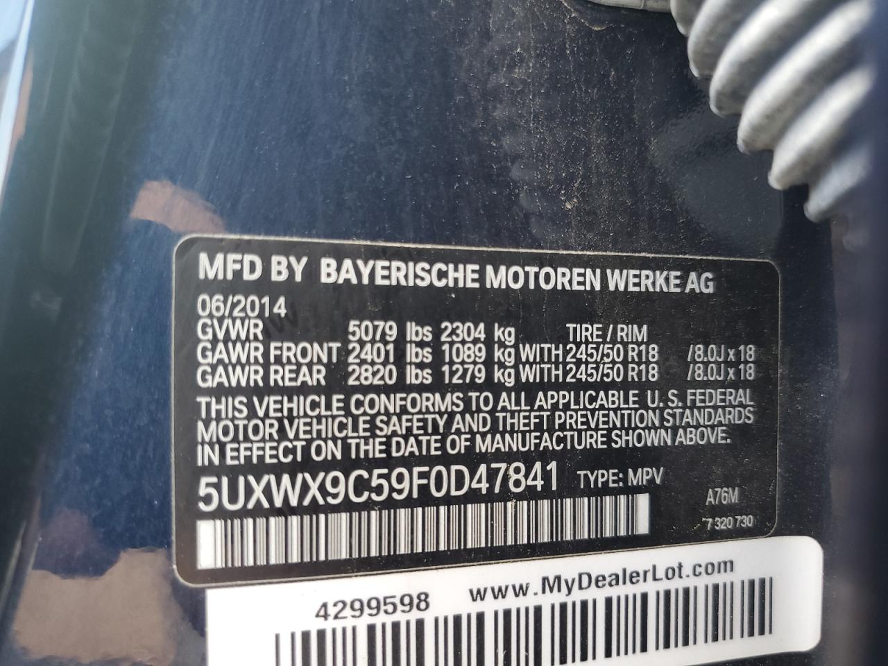 2015 BMW X3 xDrive28I VIN: 5UXWX9C59F0D47841 Lot: 63591915