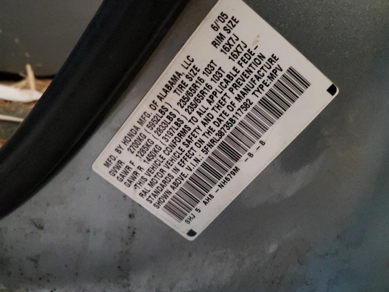 2005 Honda Odyssey Exl VIN: 5FNRL38735B117582 Lot: 64890105