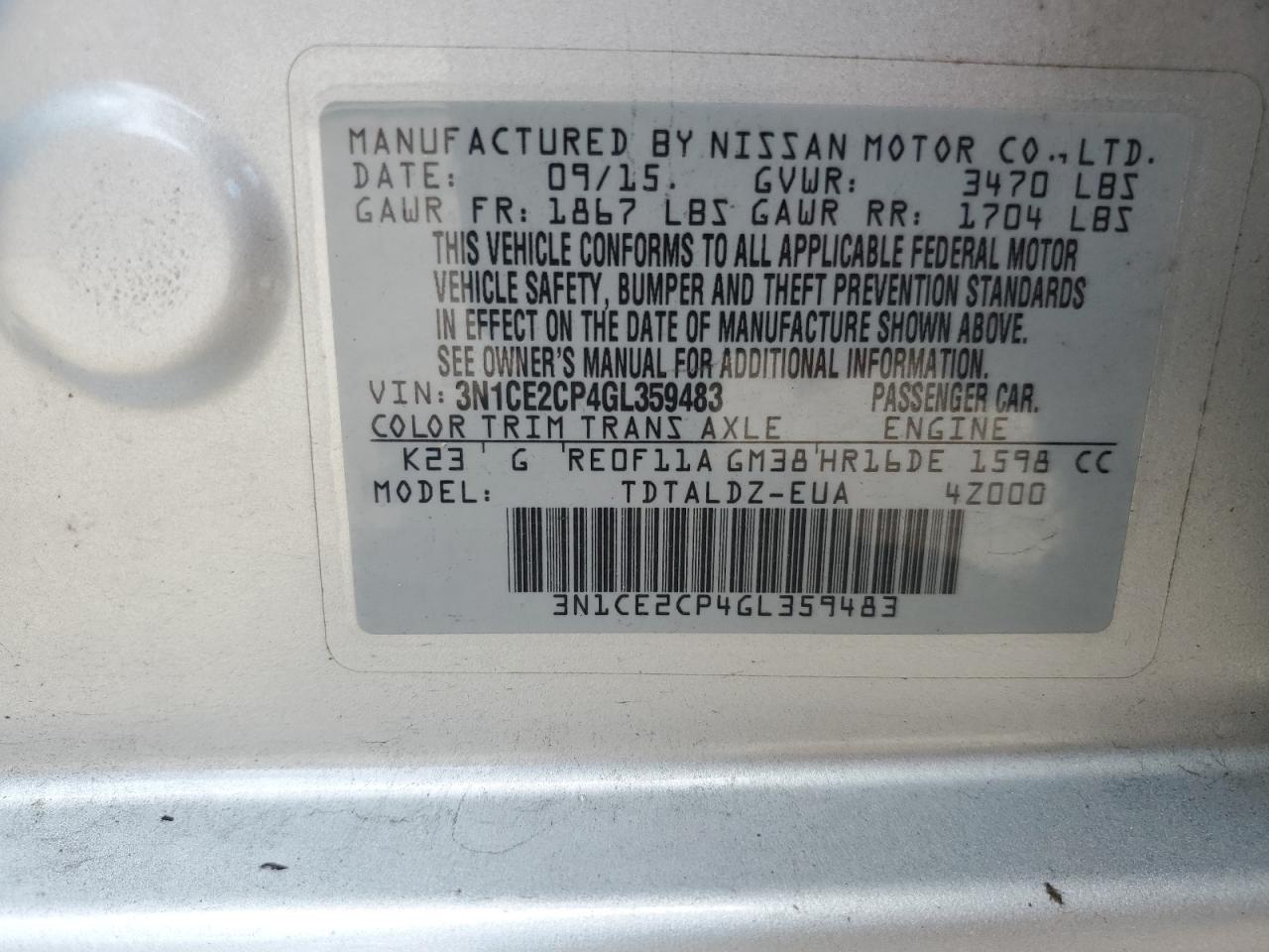 2016 Nissan Versa Note S VIN: 3N1CE2CP4GL359483 Lot: 64765705