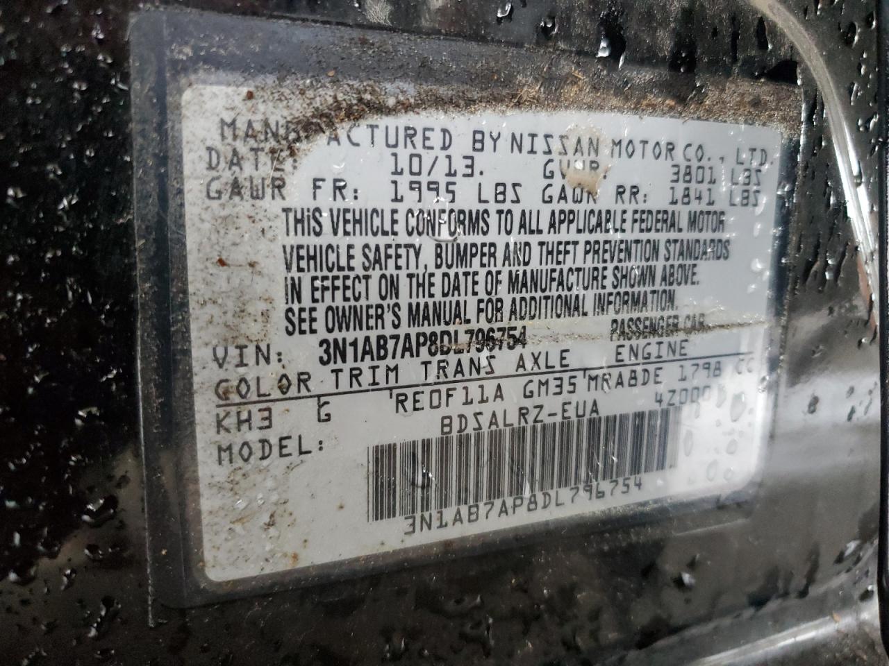 2013 Nissan Sentra S VIN: 3N1AB7AP8DL796754 Lot: 62884585