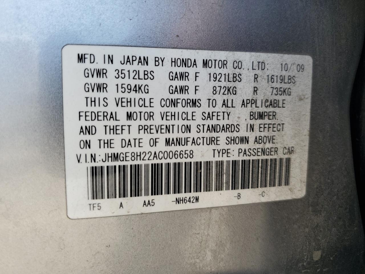 2010 Honda Fit VIN: JHMGE8H22AC006658 Lot: 65024125