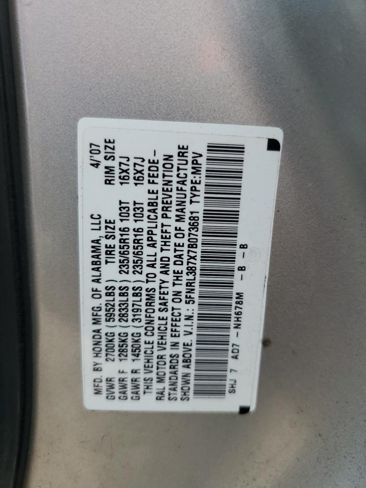 2007 Honda Odyssey Exl VIN: 5FNRL387X7B073681 Lot: 65794035