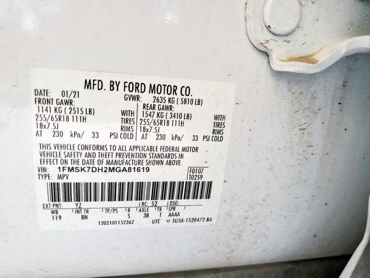 2021 Ford Explorer Xlt VIN: 1FMSK7DH2MGA81619 Lot: 64427265