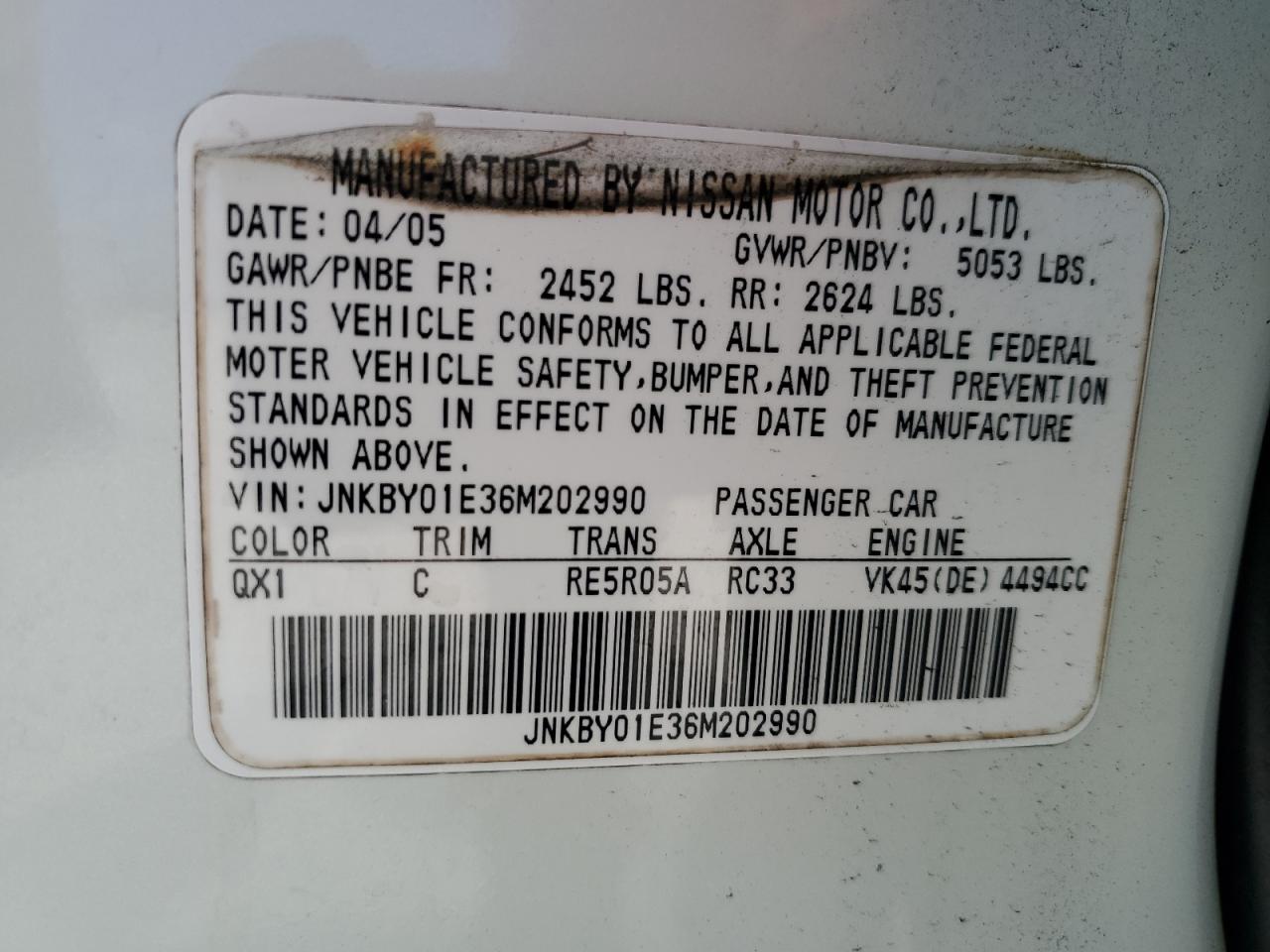 2006 Infiniti M45 Base VIN: JNKBY01E36M202990 Lot: 64299725