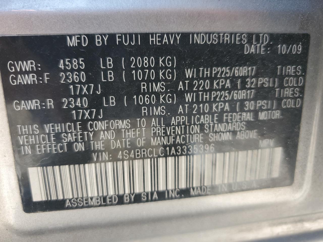 2010 Subaru Outback 2.5I Limited VIN: 4S4BRCLC1A3335396 Lot: 62745455