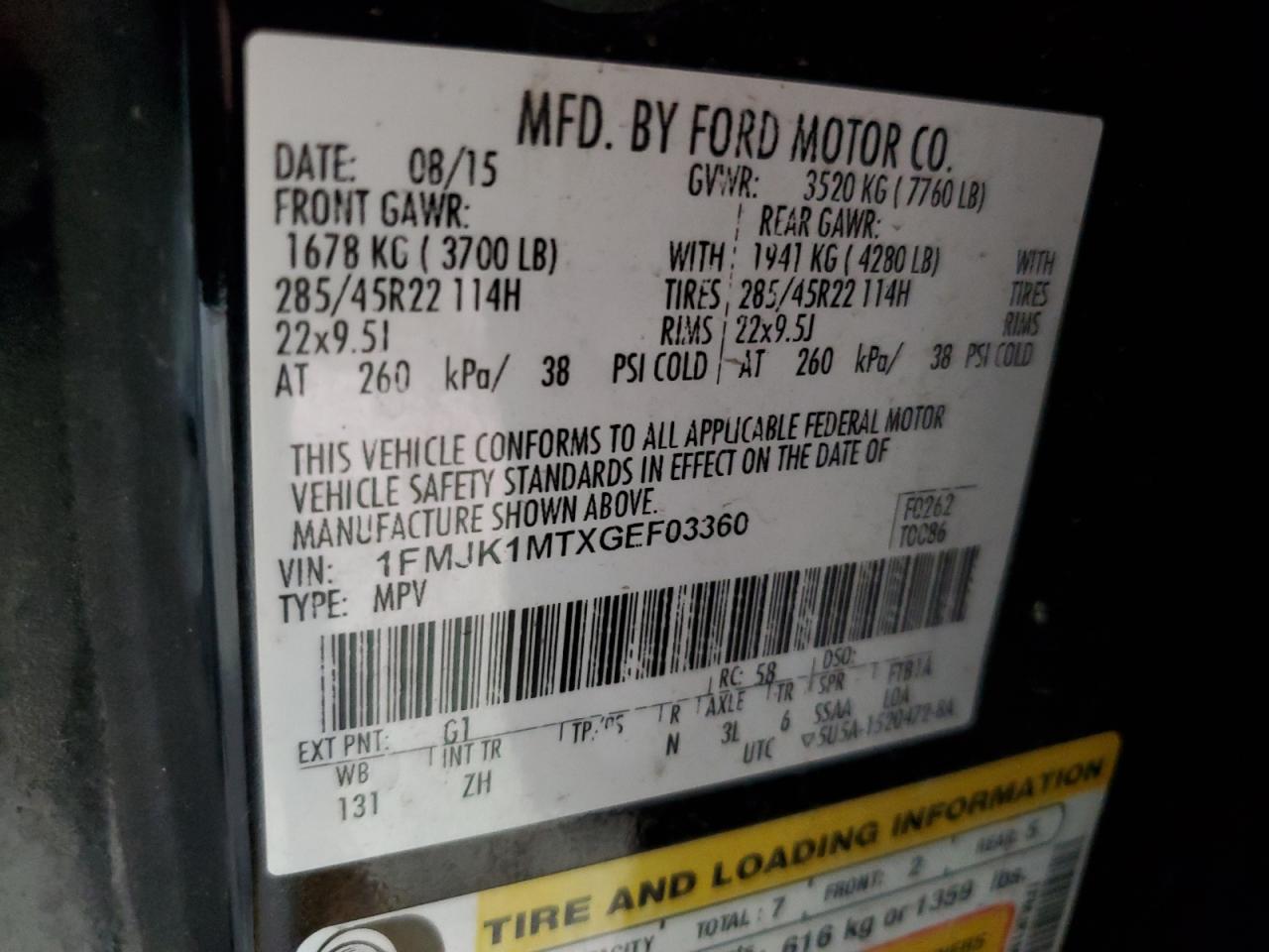 2016 Ford Expedition El Platinum VIN: 1FMJK1MTXGEF03360 Lot: 64890365