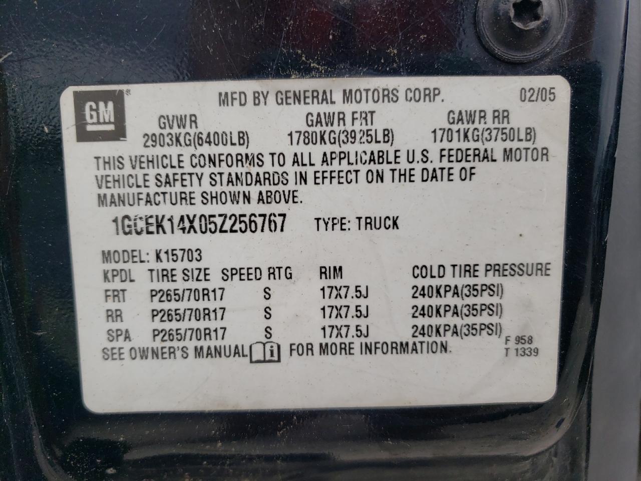 2005 Chevrolet Silverado K1500 VIN: 1GCEK14X05Z256767 Lot: 64184505
