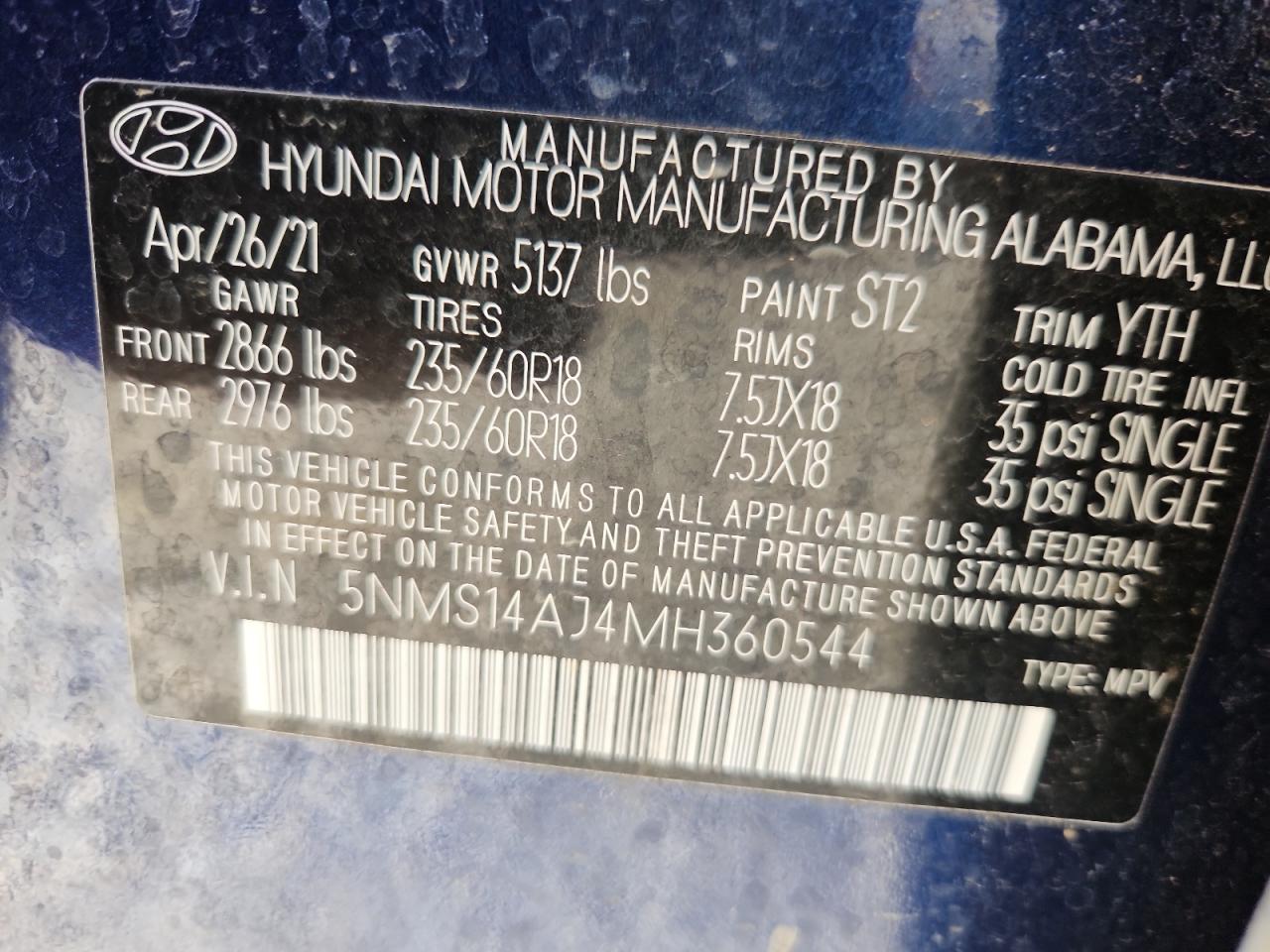 2021 Hyundai Santa Fe Se VIN: 5NMS14AJ4MH360544 Lot: 66601375