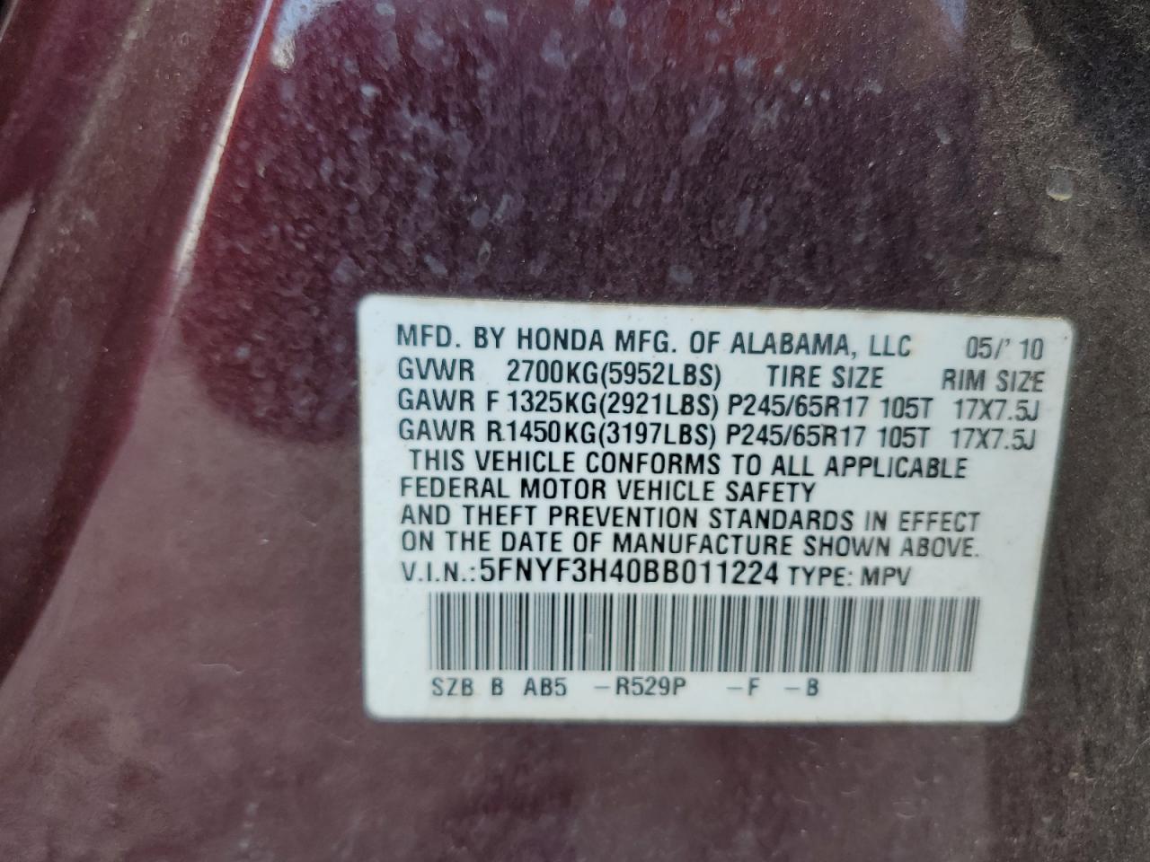 2011 Honda Pilot Ex VIN: 5FNYF3H40BB011224 Lot: 64380845