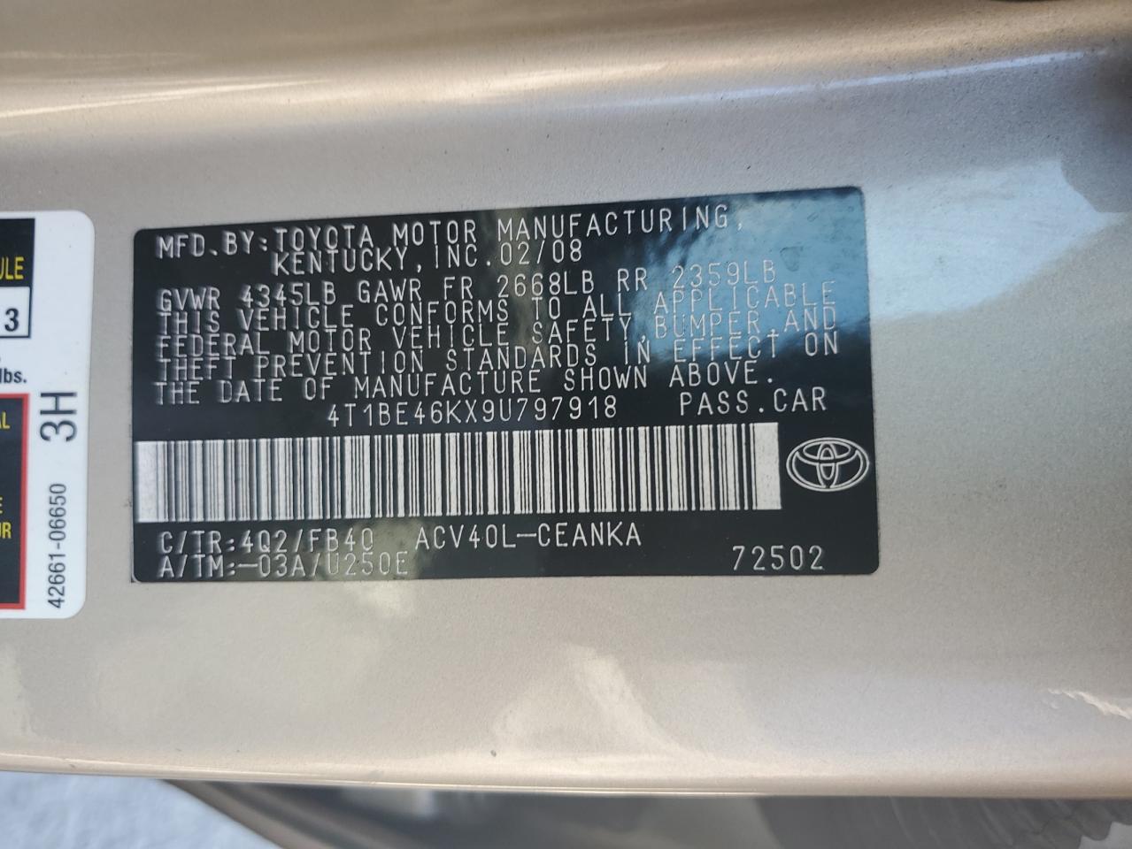 2009 Toyota Camry Base VIN: 4T1BE46KX9U797918 Lot: 64988495