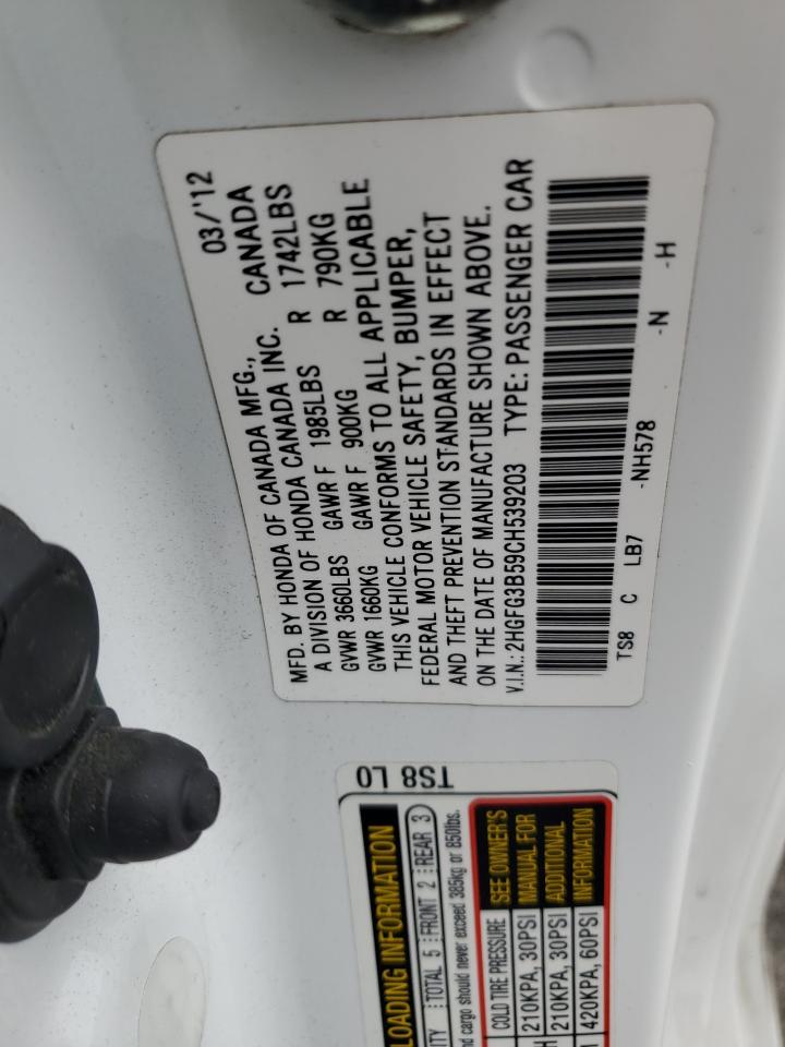 2012 Honda Civic Lx VIN: 2HGFG3B59CH539203 Lot: 65267115