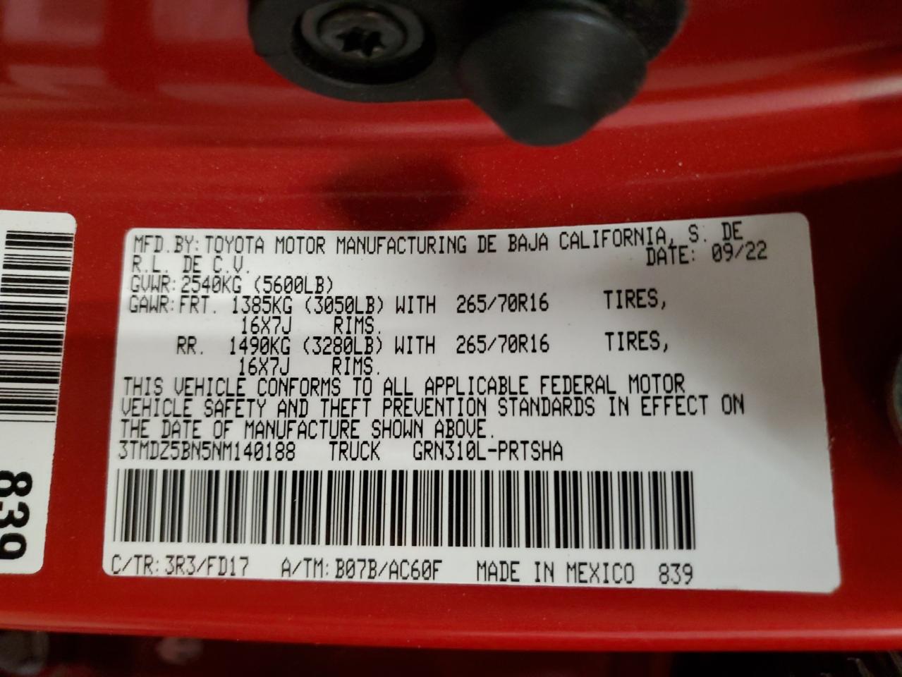 2022 Toyota Tacoma Double Cab VIN: 3TMDZ5BN5NM140188 Lot: 63706125