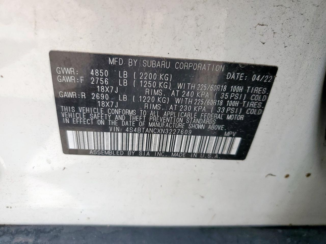 2022 Subaru Outback Limited VIN: 4S4BTANCXN3227609 Lot: 63750285