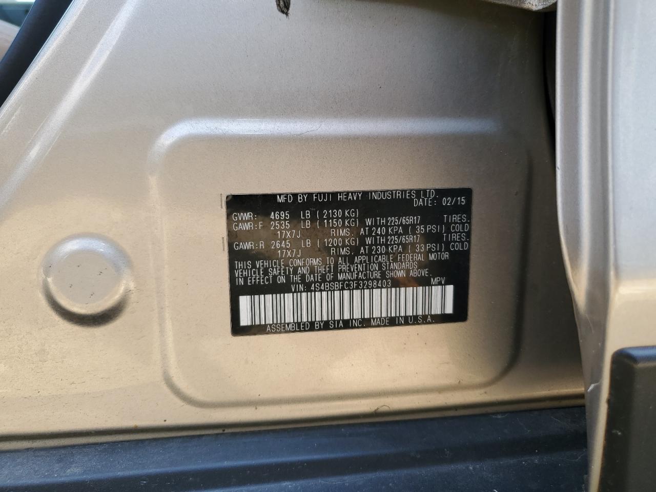 2015 Subaru Outback 2.5I Premium VIN: 4S4BSBFC3F3298403 Lot: 64543225