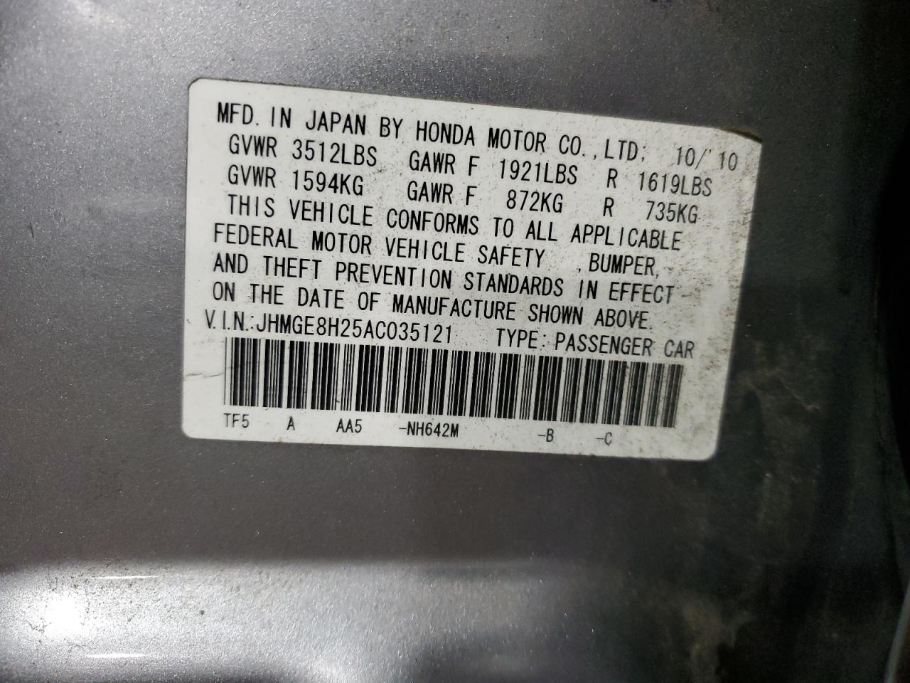 2010 Honda Fit VIN: JHMGE8H25AC035121 Lot: 65334775
