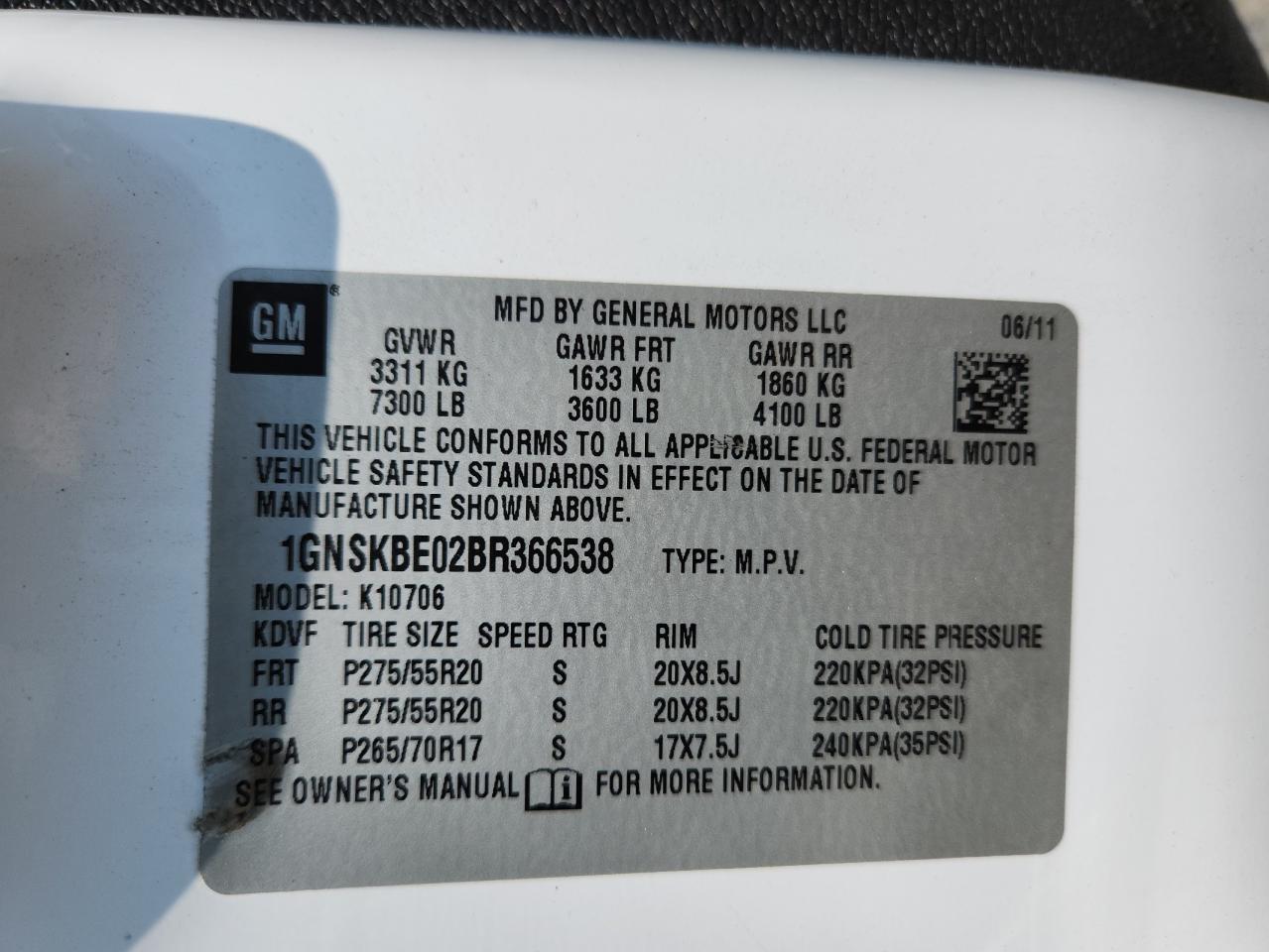 2011 Chevrolet Tahoe K1500 Lt VIN: 1GNSKBE02BR366538 Lot: 62547315