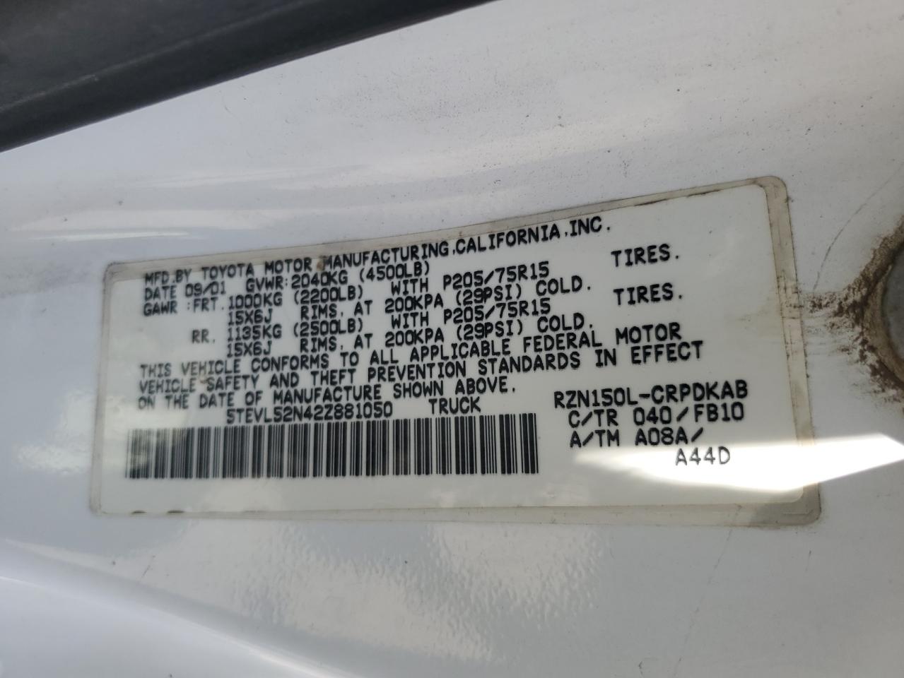 2002 Toyota Tacoma Xtracab VIN: 5TEVL52N42Z881050 Lot: 62549375