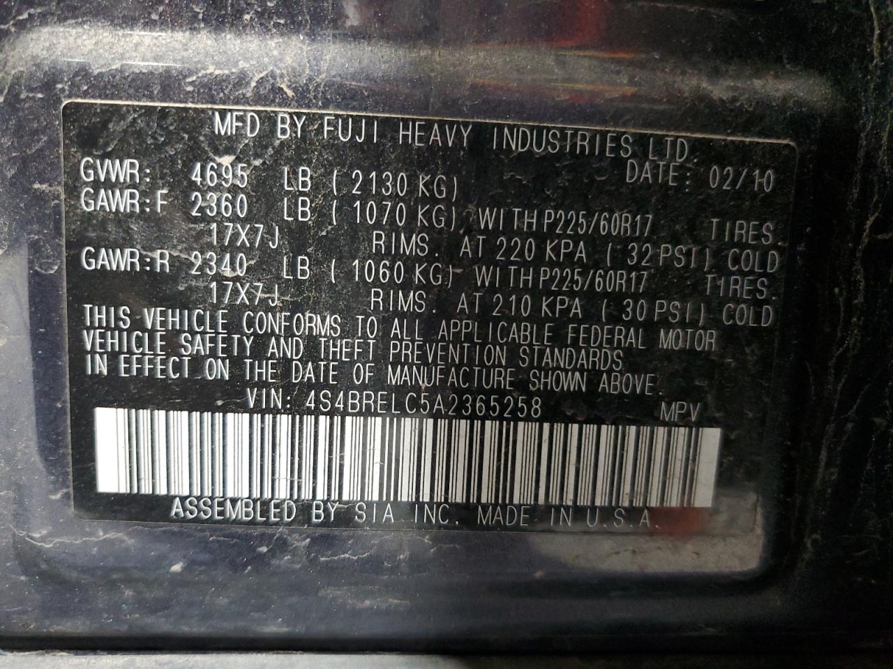 2010 Subaru Outback 3.6R Limited VIN: 4S4BRELC5A2365258 Lot: 62531925