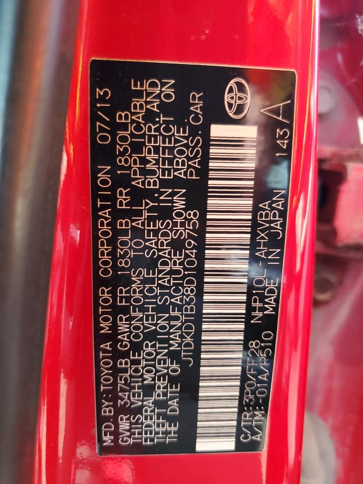 2013 Toyota Prius C VIN: JTDKDTB38D1049758 Lot: 66718035