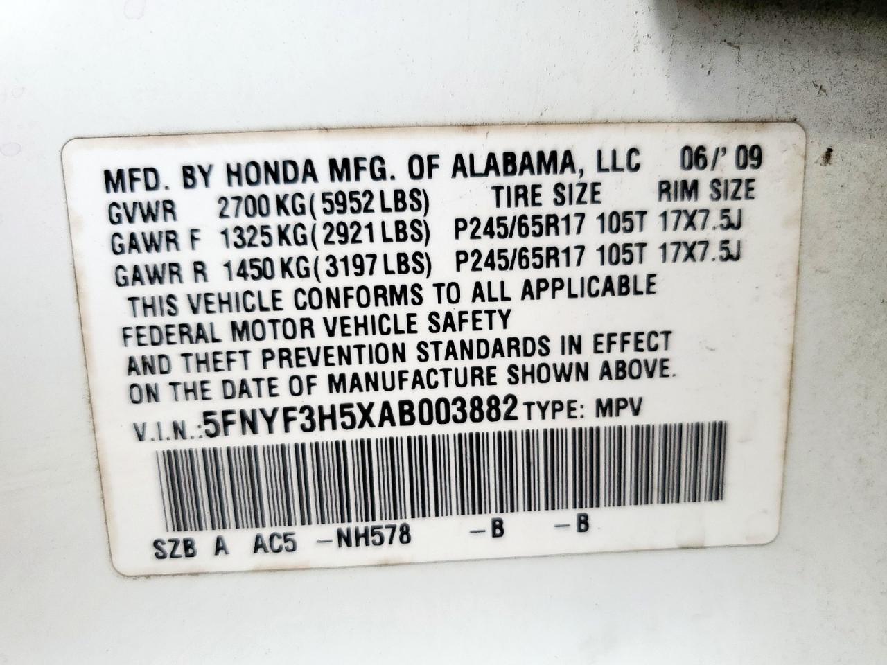 2010 Honda Pilot Exl VIN: 5FNYF3H5XAB003882 Lot: 65139135