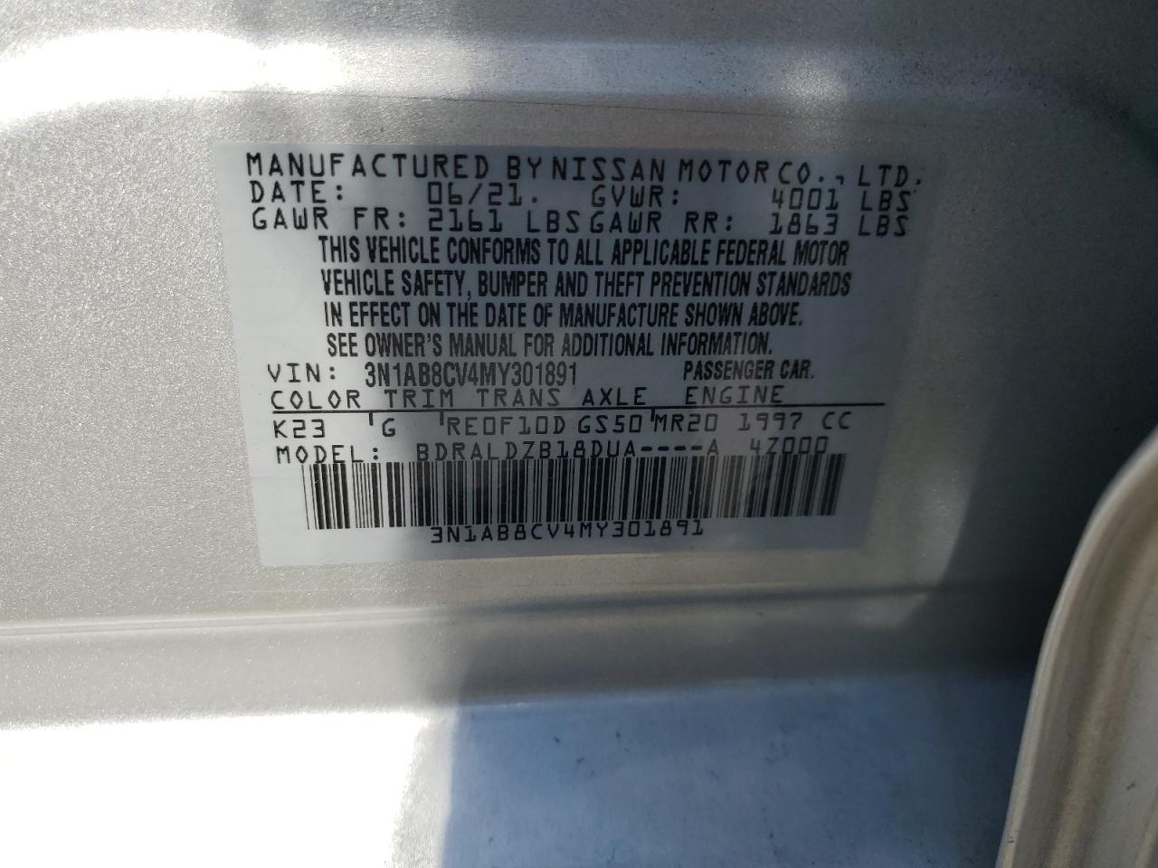 2021 Nissan Sentra Sv VIN: 3N1AB8CV4MY301891 Lot: 64728255