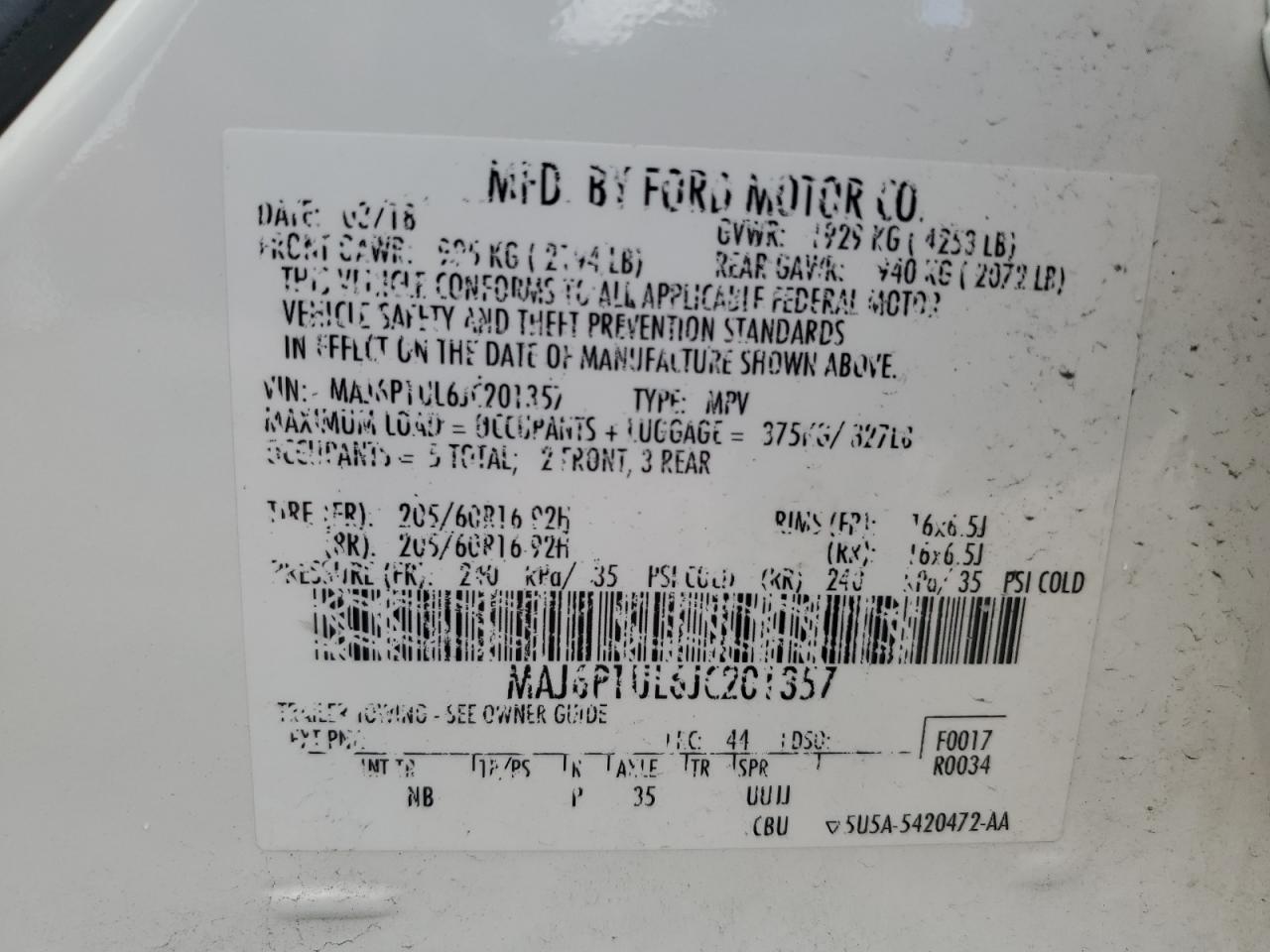 2018 Ford Ecosport Se VIN: MAJ6P1UL6JC201357 Lot: 61535835
