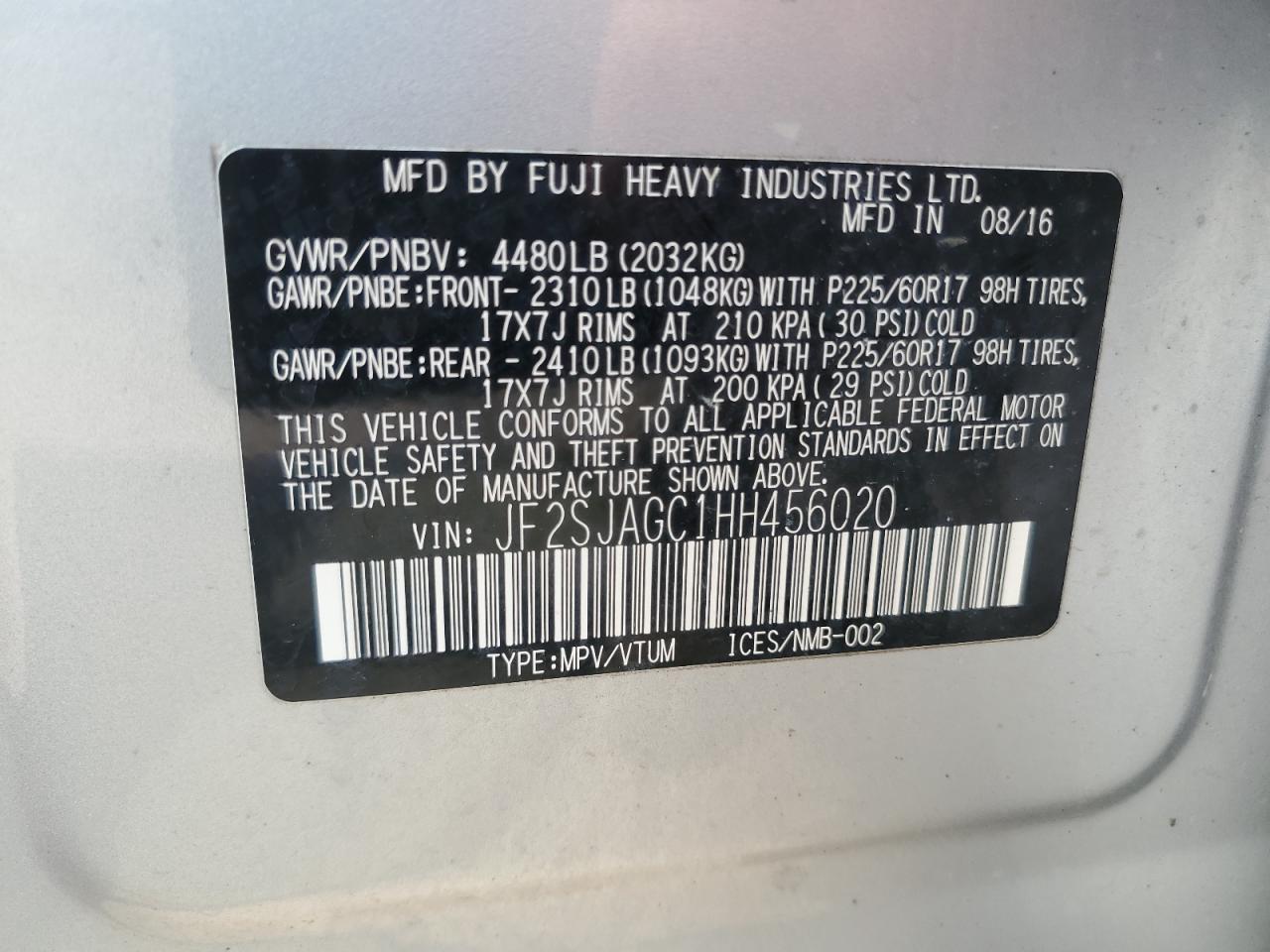 2017 Subaru Forester 2.5I Premium VIN: JF2SJAGC1HH456020 Lot: 63239565