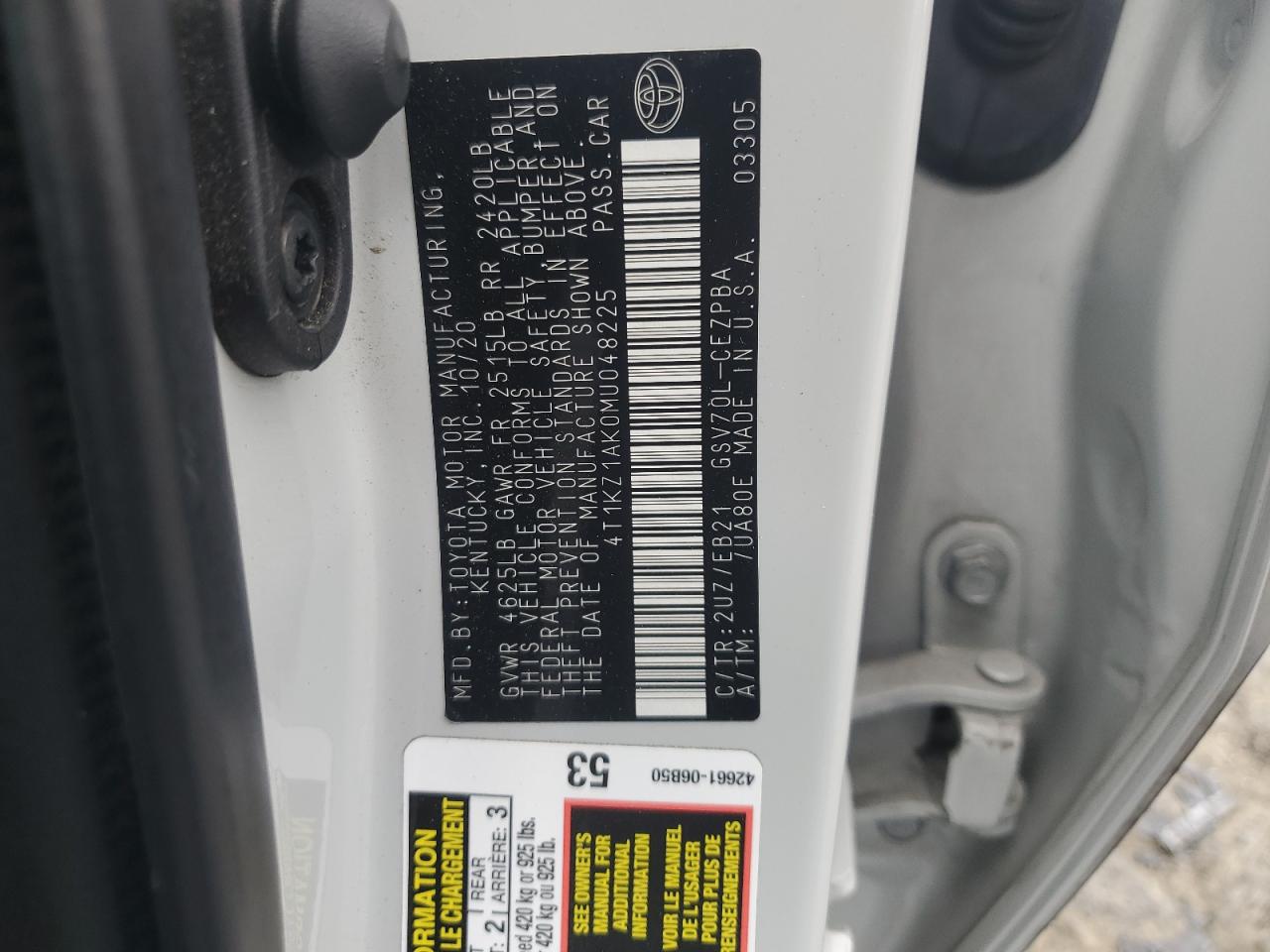 2021 Toyota Camry Trd VIN: 4T1KZ1AK0MU048225 Lot: 64322255