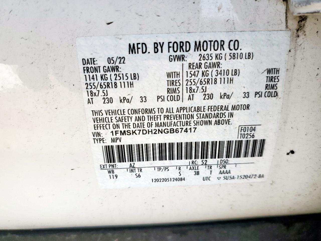 2022 Ford Explorer Xlt VIN: 1FMSK7DH2NGB67417 Lot: 62845505