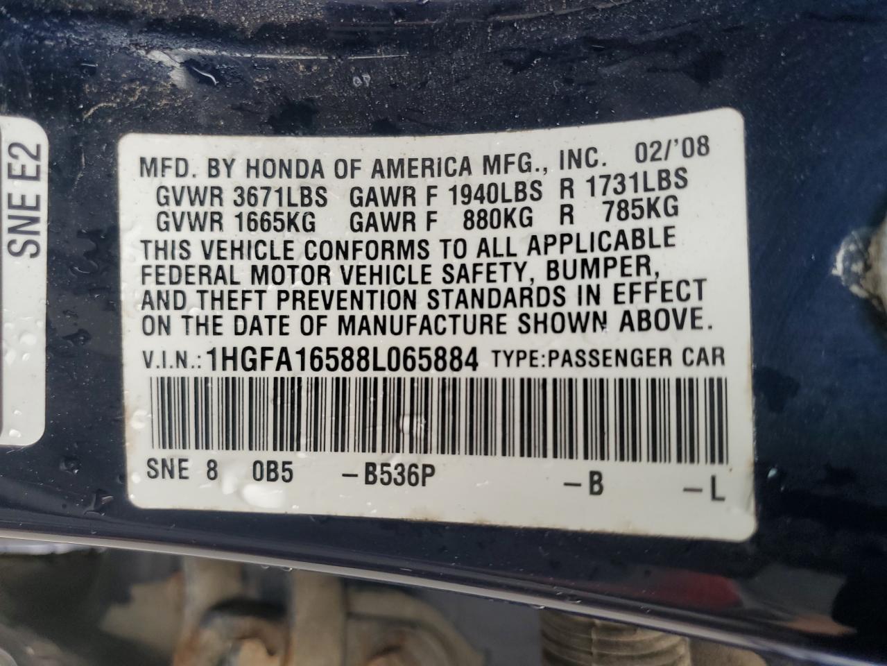 2008 Honda Civic Lx VIN: 1HGFA16588L065884 Lot: 64117455