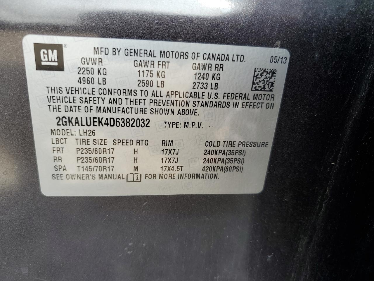 2013 GMC Terrain Slt VIN: 2GKALUEK4D6382032 Lot: 64245495