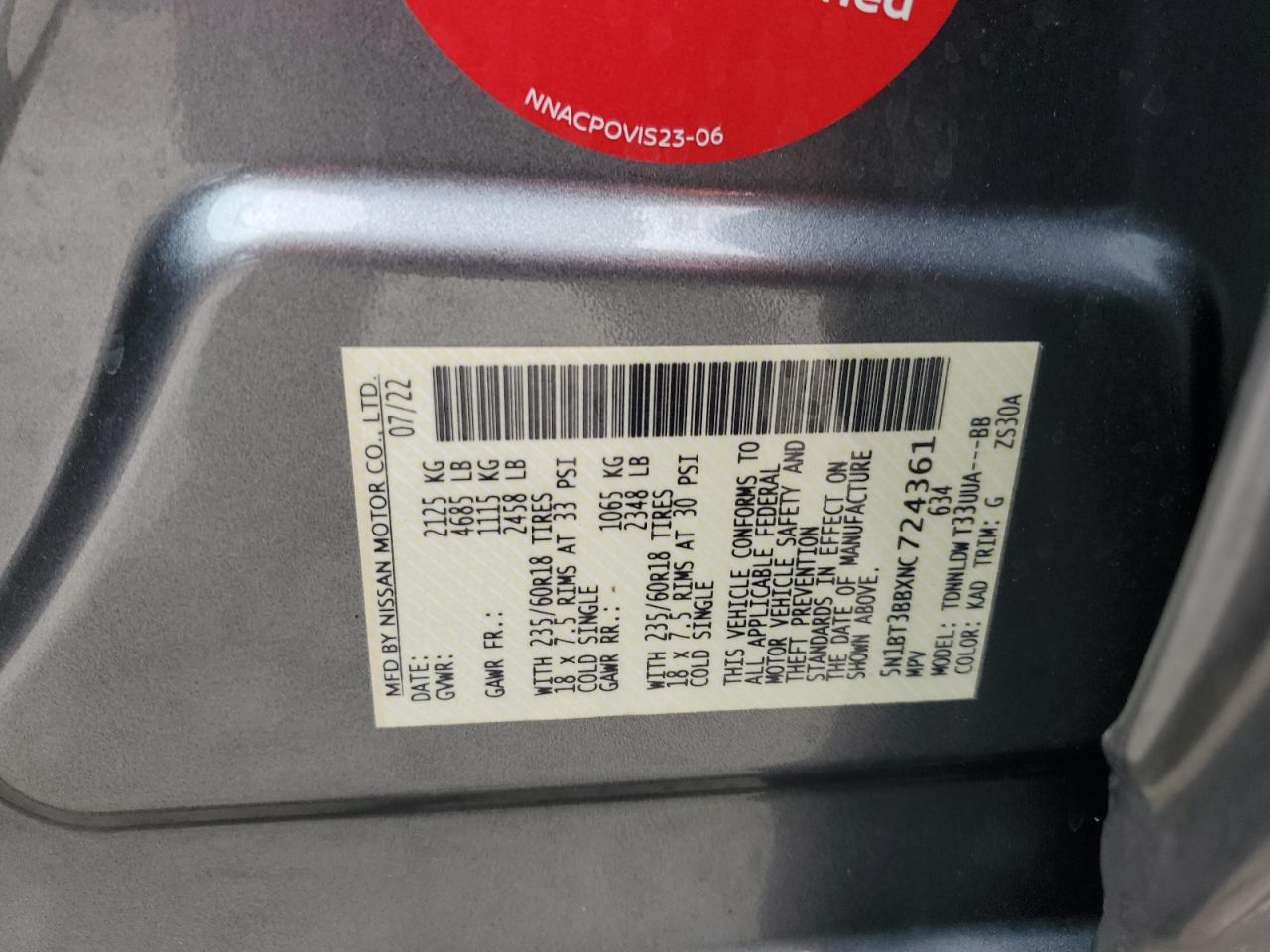 2022 Nissan Rogue Sv VIN: 5N1BT3BBXNC724361 Lot: 62745935