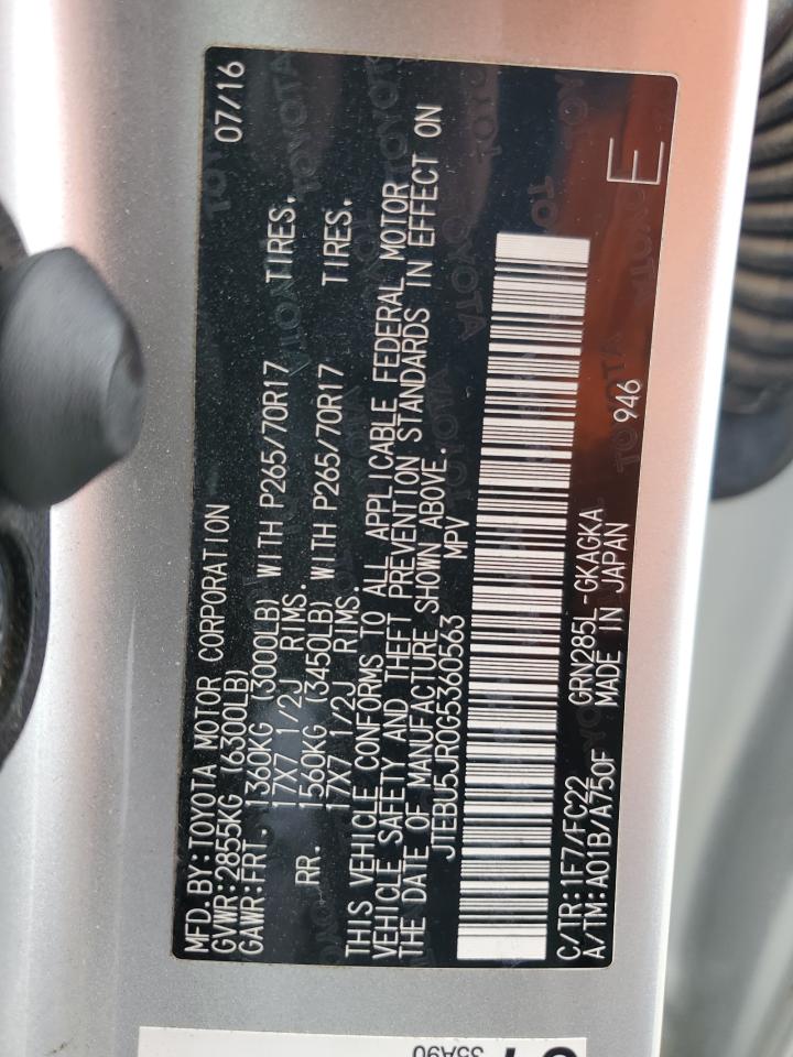 2016 Toyota 4Runner Sr5/Sr5 Premium VIN: JTEBU5JR0G5360563 Lot: 66006905