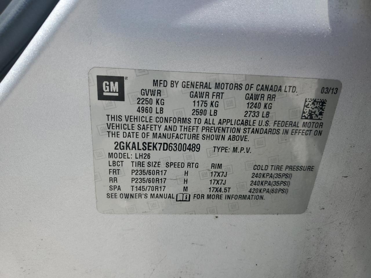 2013 GMC Terrain Sle VIN: 2GKALSEK7D6300489 Lot: 63619445