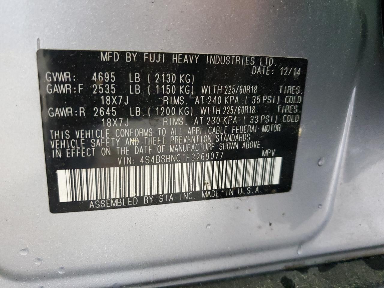 2015 Subaru Outback 2.5I Limited VIN: 4S4BSBNC1F3269077 Lot: 63227095