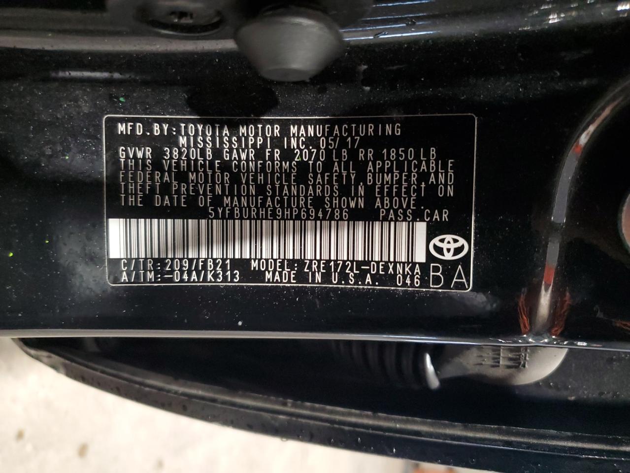 2017 Toyota Corolla L VIN: 5YFBURHE9HP694786 Lot: 64796295