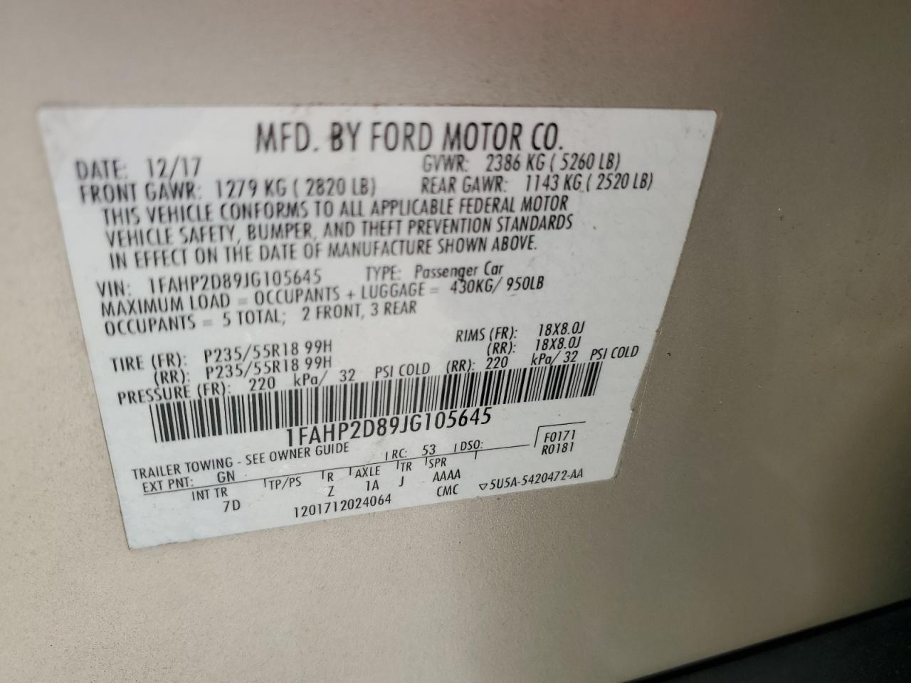 2018 Ford Taurus Se VIN: 1FAHP2D89JG105645 Lot: 64290415
