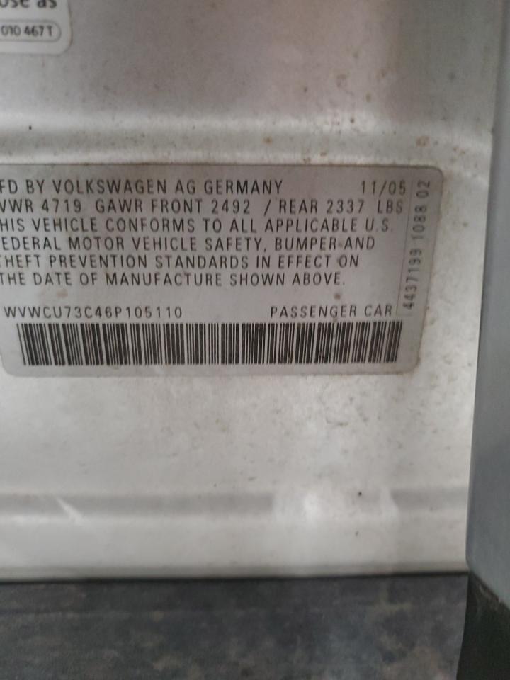 2006 Volkswagen Passat 3.6L Sport VIN: WVWCU73C46P105110 Lot: 62768345