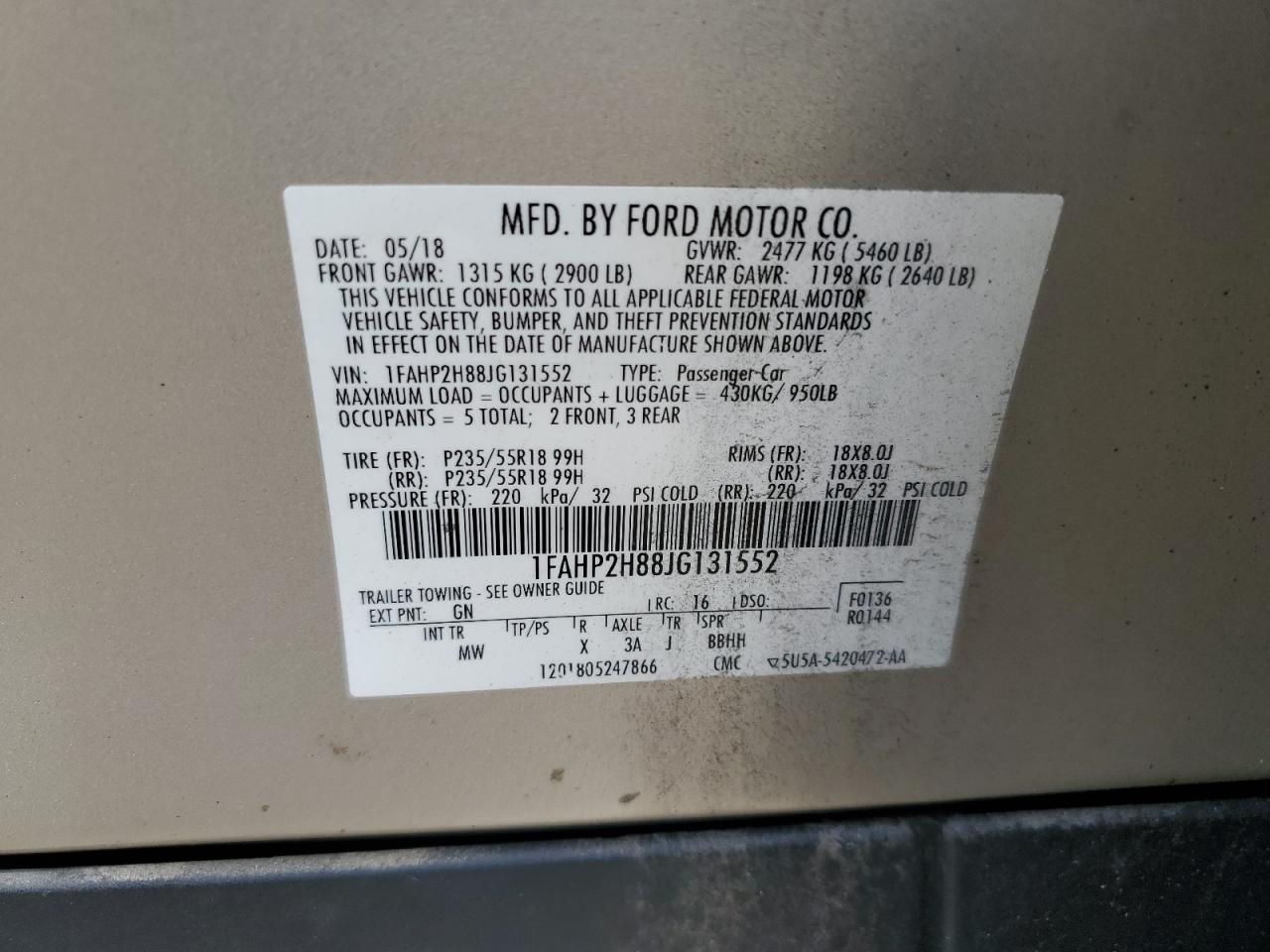 2018 Ford Taurus Sel VIN: 1FAHP2H88JG131552 Lot: 64743995