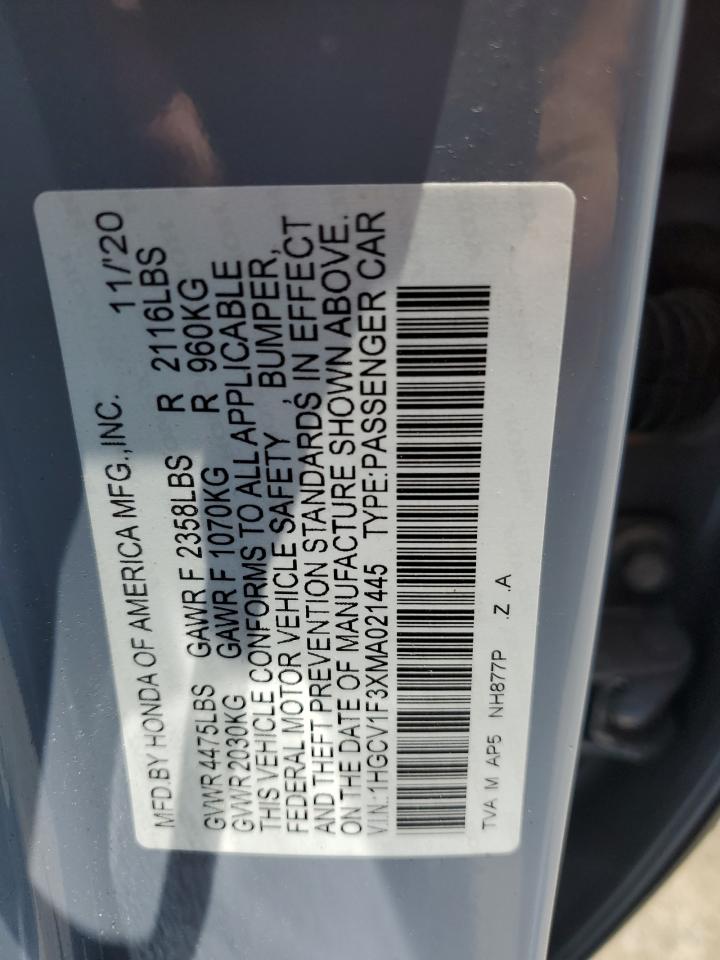 2021 Honda Accord Sport VIN: 1HGCV1F3XMA021445 Lot: 63775275