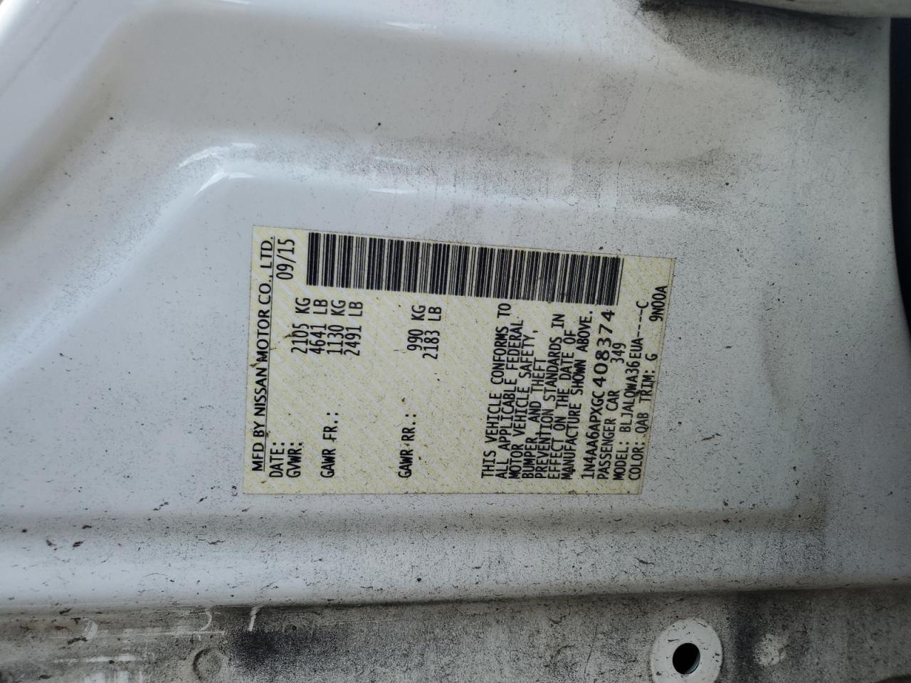 2016 Nissan Maxima 3.5S VIN: 1N4AA6APXGC408374 Lot: 66730385