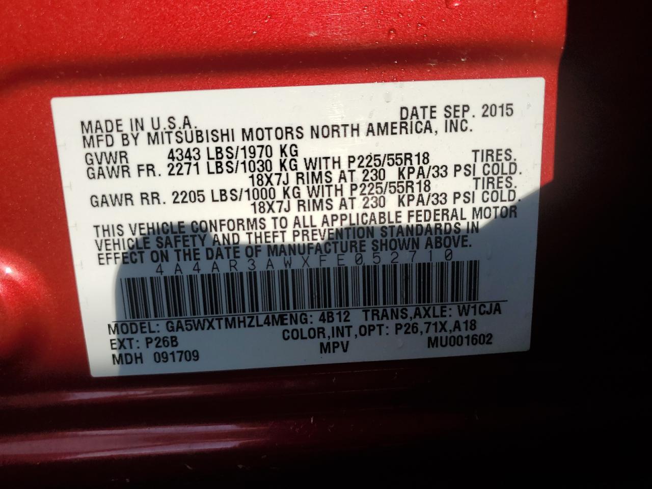 2015 Mitsubishi Outlander Sport Es VIN: 4A4AR3AWXFE052710 Lot: 64373815