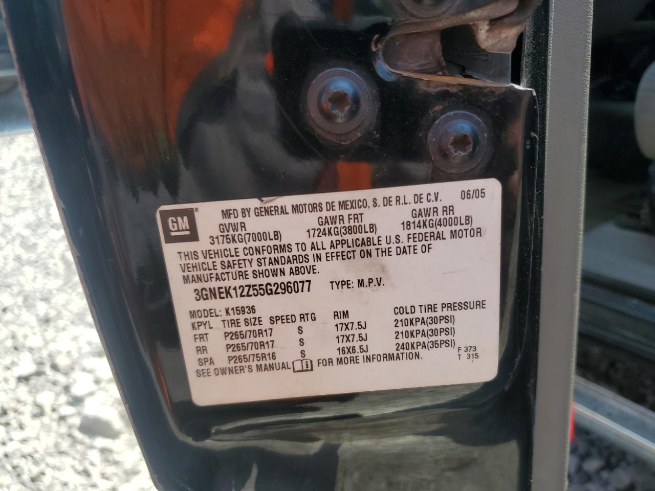 3gnek12z55g296077 3GNEK12Z55G296077 2005 Chevrolet Avalanche K1500