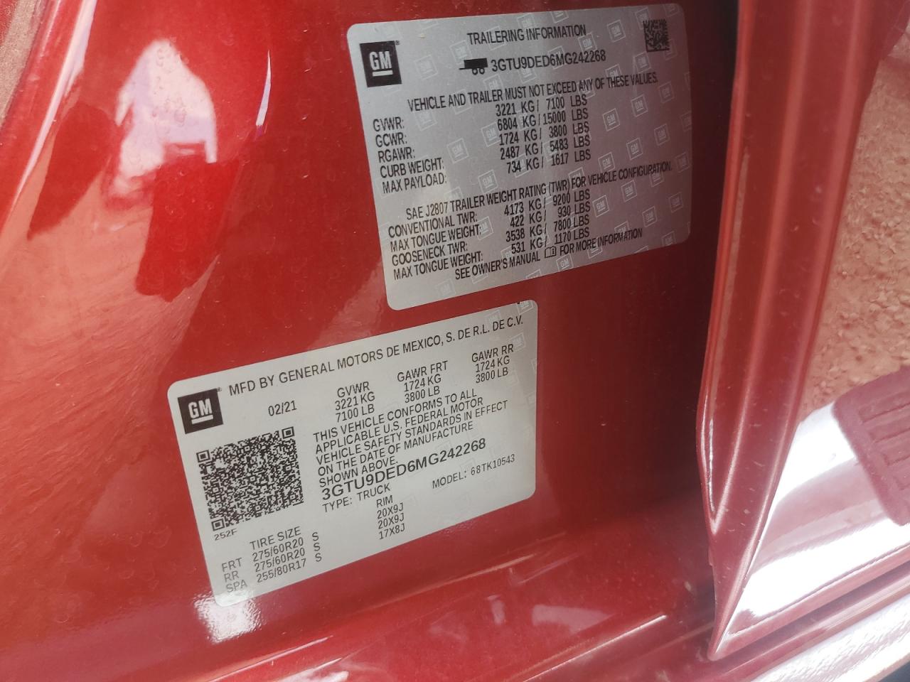 2021 GMC Sierra K1500 Slt VIN: 3GTU9DED6MG242268 Lot: 65059435