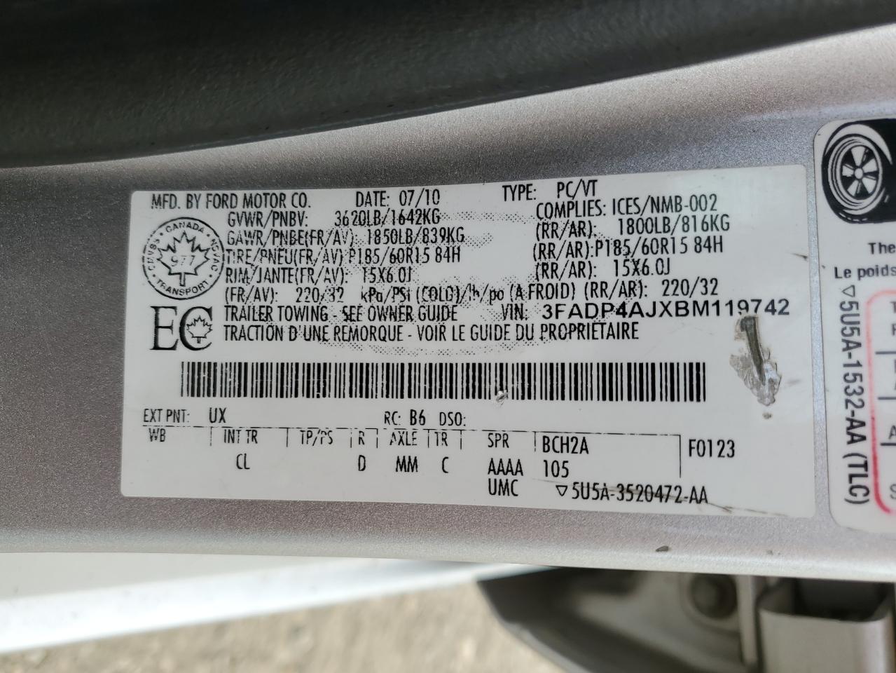2011 Ford Fiesta S VIN: 3FADP4AJXBM119742 Lot: 64613295