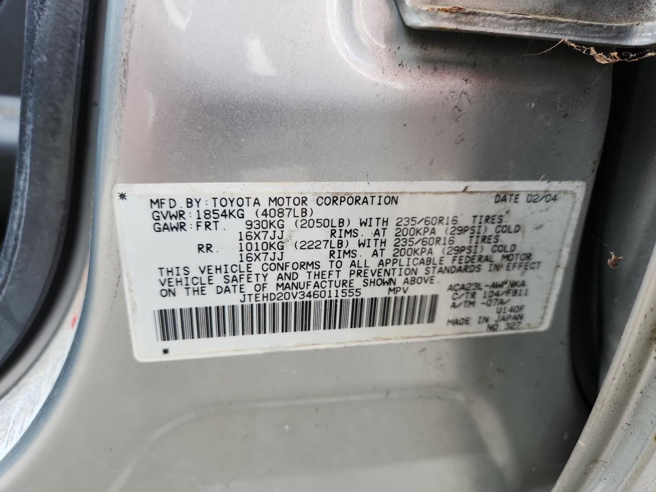 2004 Toyota Rav4 VIN: JTEHD20V346011555 Lot: 64047485