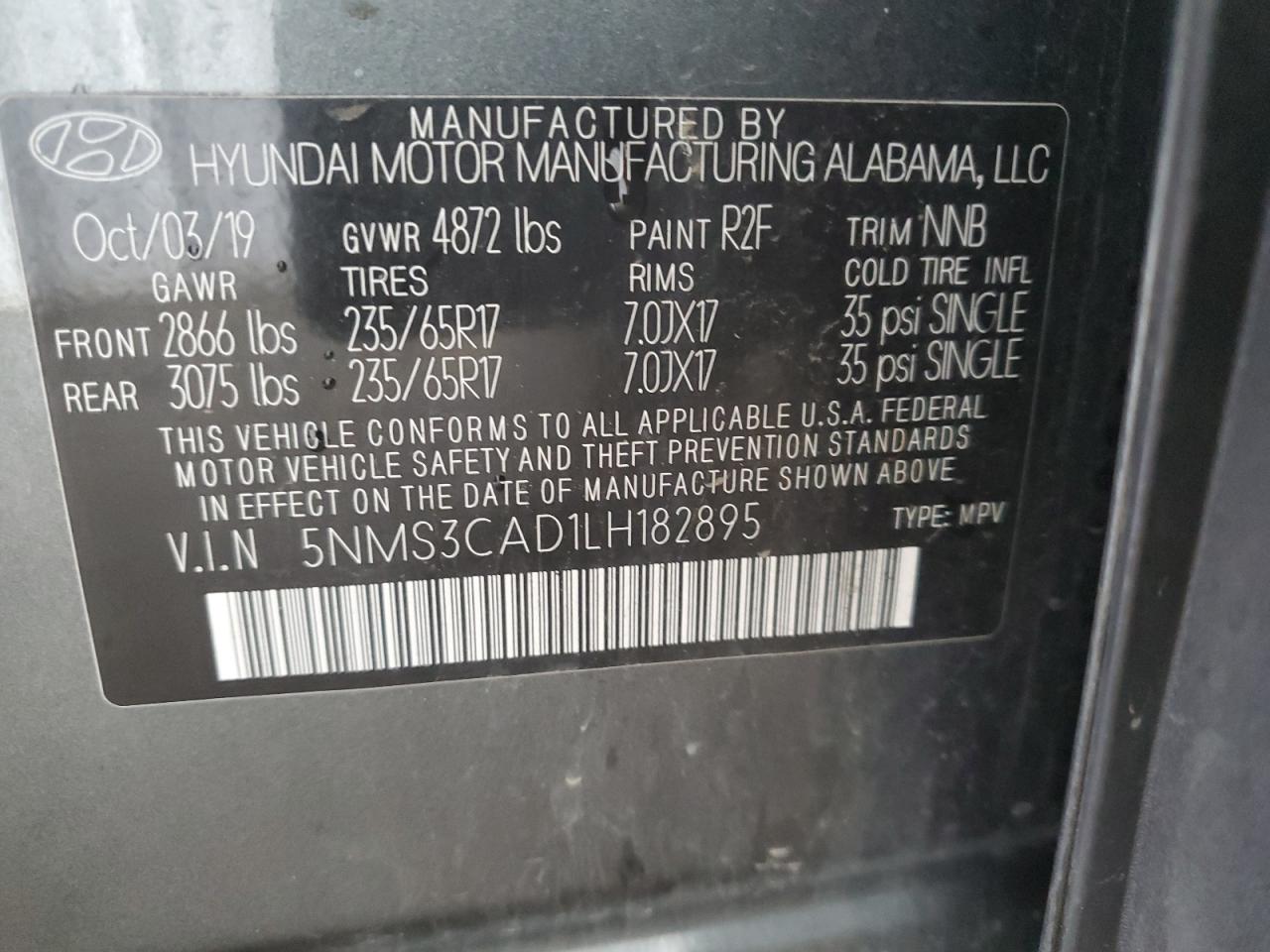 2020 Hyundai Santa Fe Sel VIN: 5NMS3CAD1LH182895 Lot: 64309235